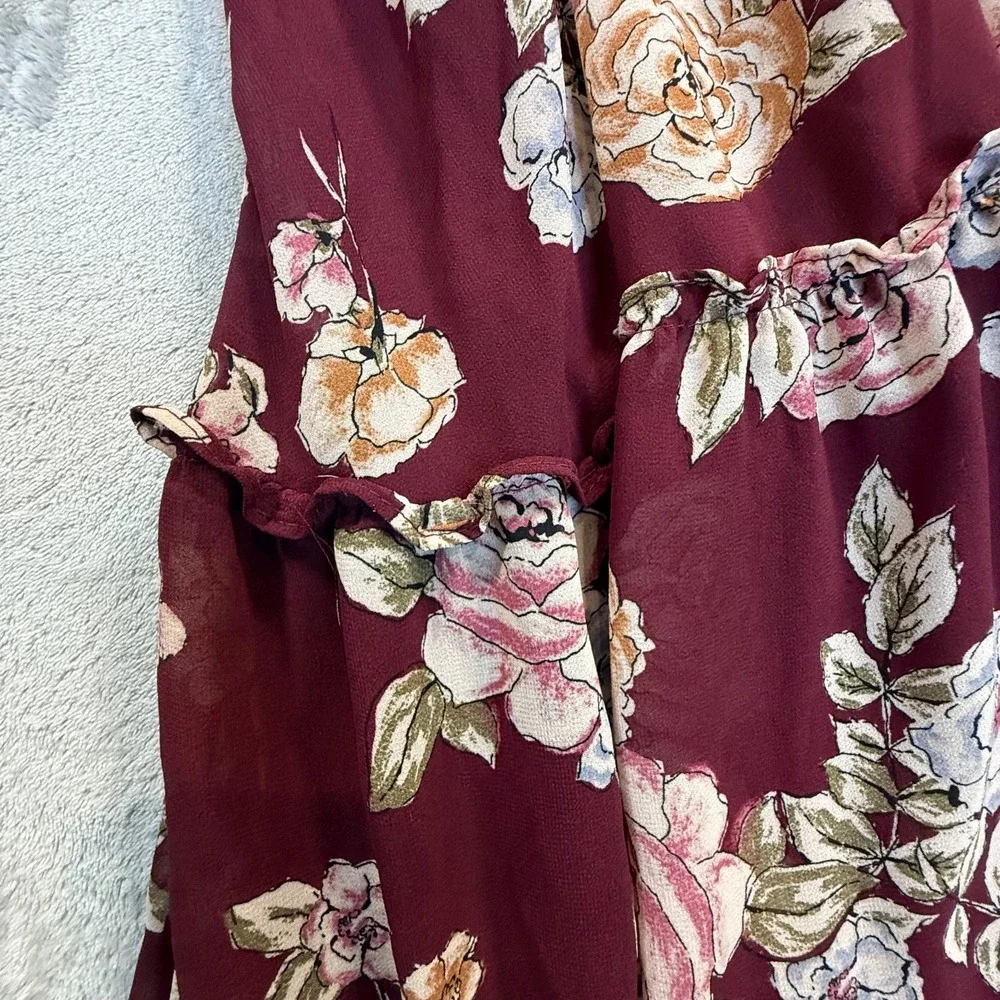 Maurices XXL Burgundy Floral Ruffle Faux Wrap Dress Long Sleeve Boho Midi - Picture 8 of 16